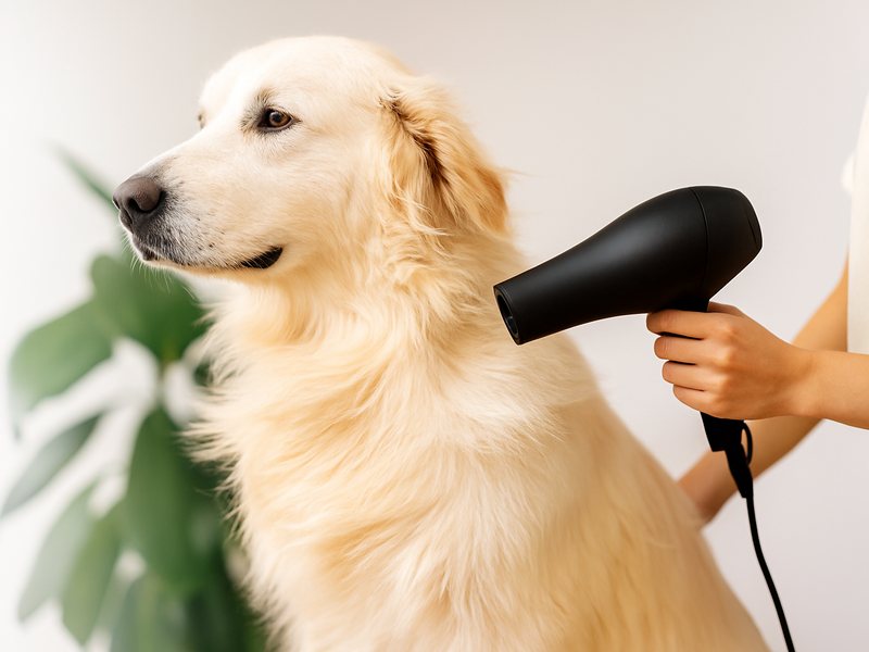 De vacht van een hond wordt rustig drooggeföhnd